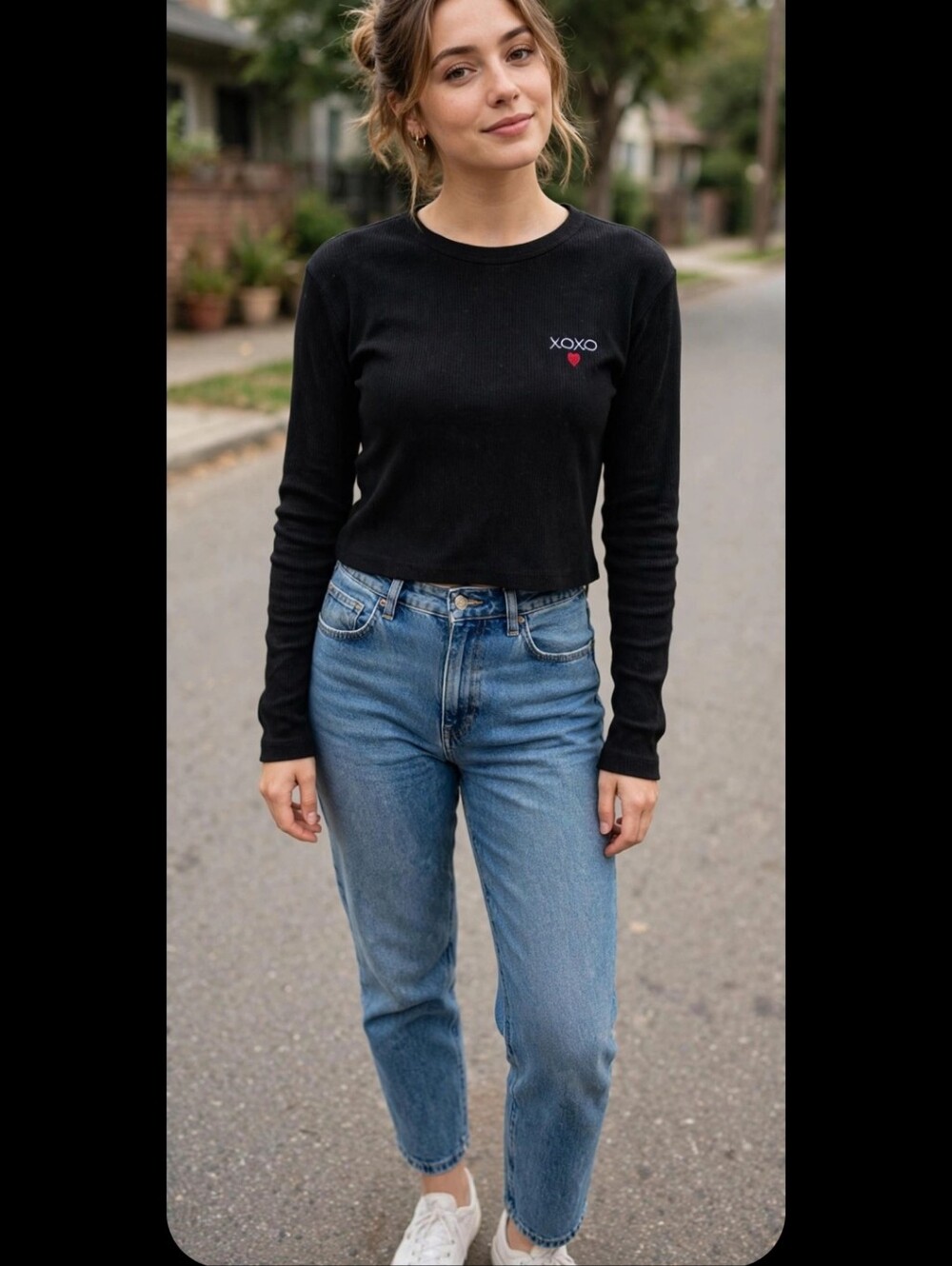 XOXO Black Long-Sleeve Cropped Top with Red Bow Accent